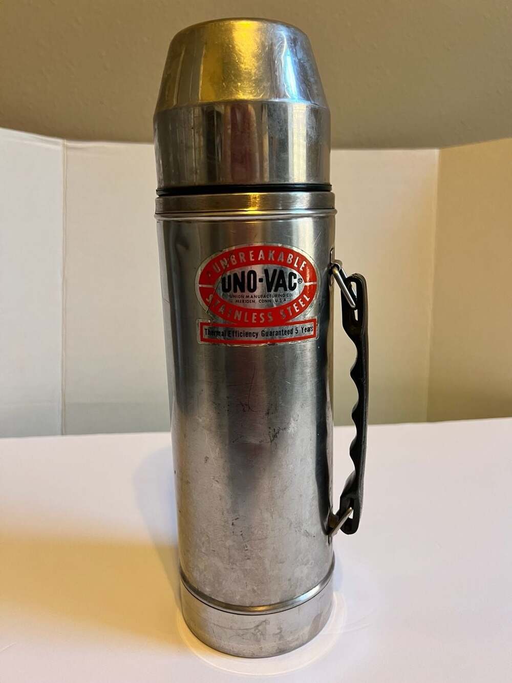 💥💥Vintage Uno-Vac Unbreakable Stainless Steel 1 Quart Thermos Handle LIKE NEW